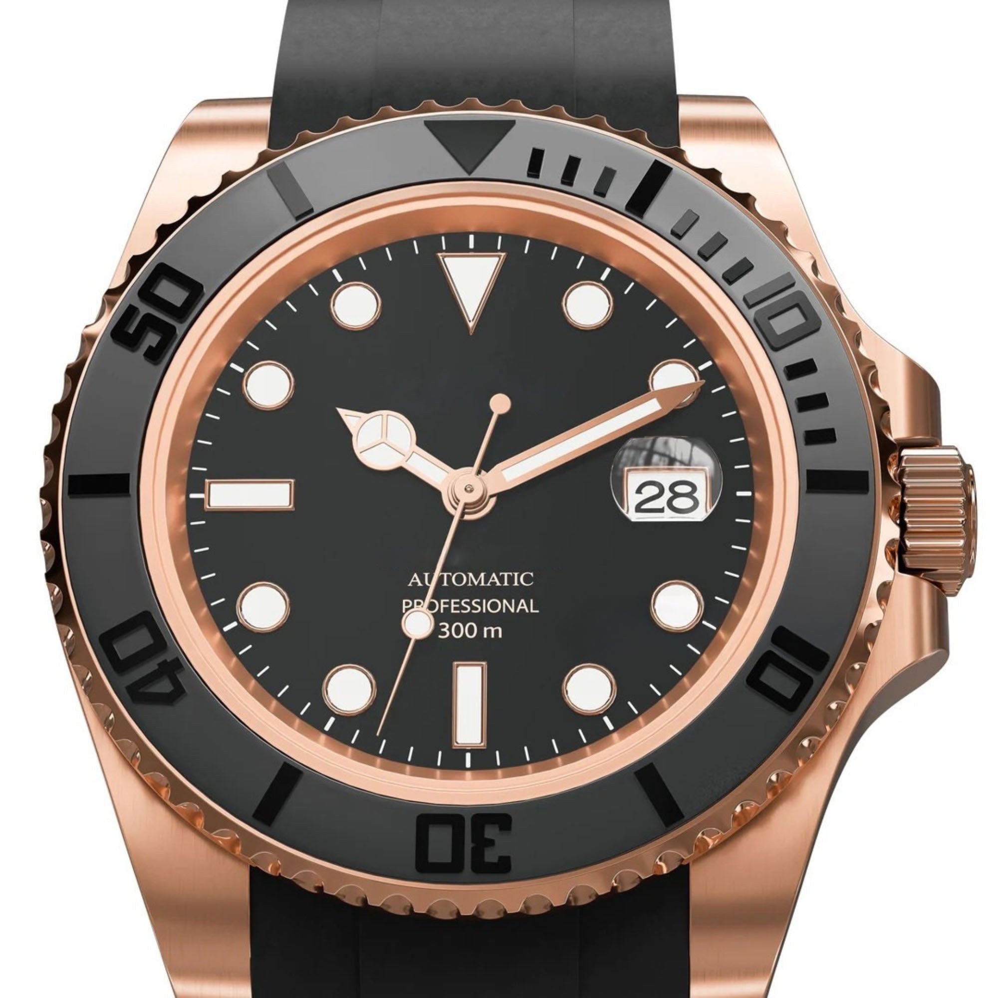Automatisk Dykkerklokke 40 mm – Rosegull, Gummirem (2)