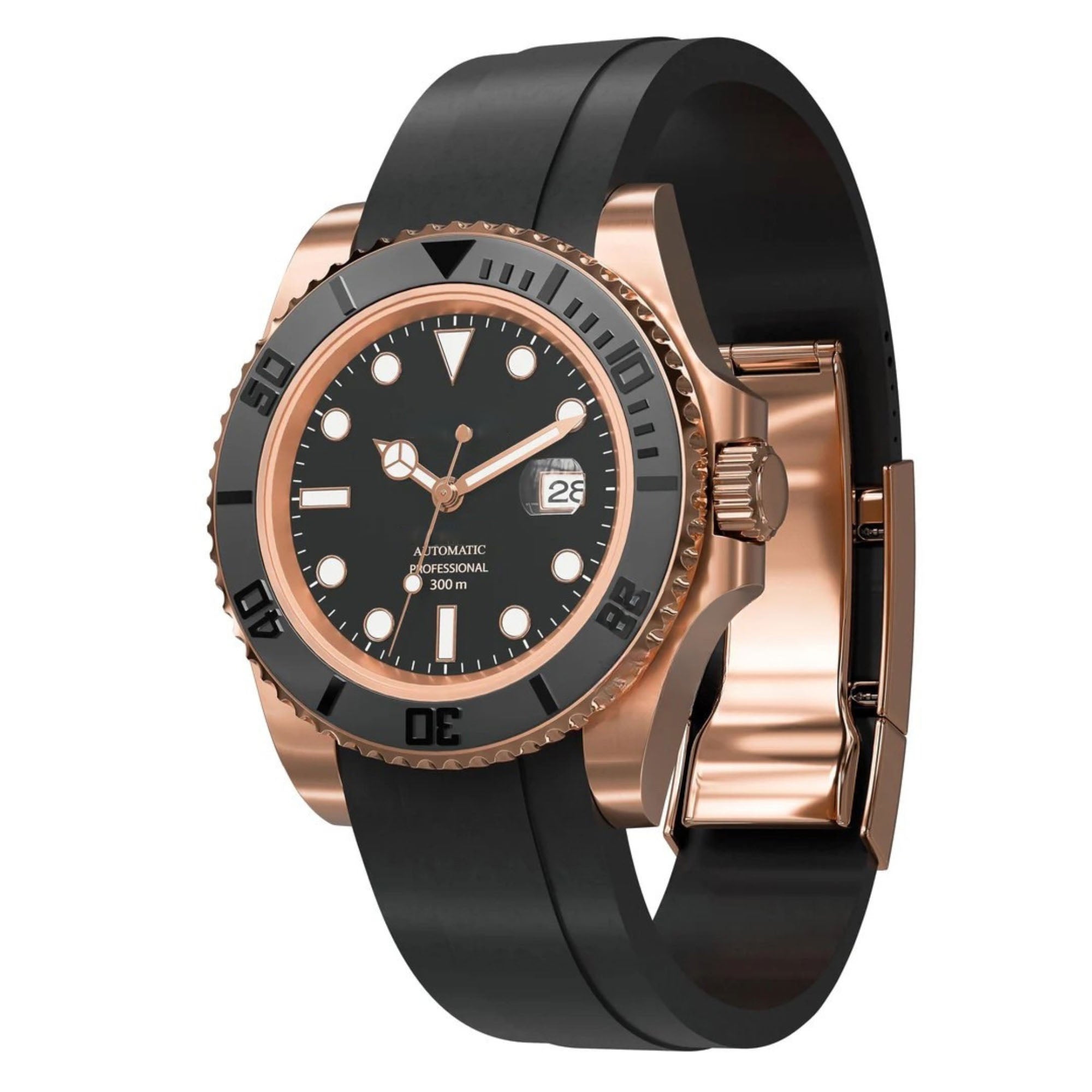 Automatisk Dykkerklokke 40 mm – Rosegull, Gummirem (2)
