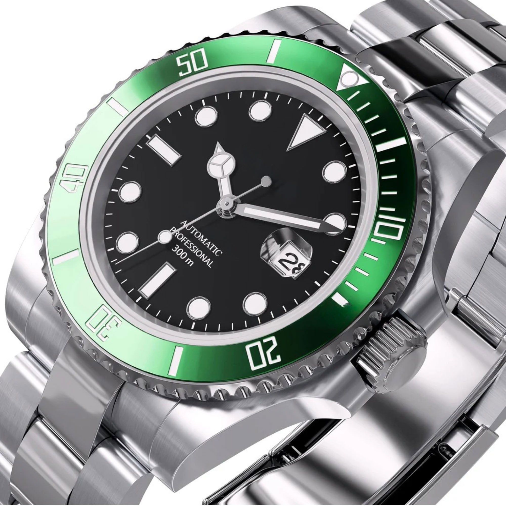 Automatisk Dykkerklokke 40 mm – Sort med Grønn Ramme (2)